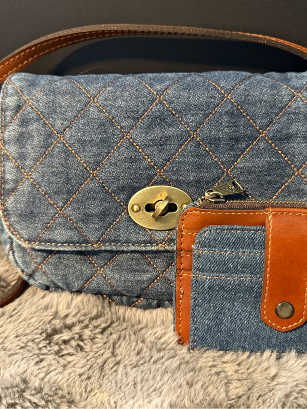 Patricia Nash Quilted Denim Crossbody with Tan Leather Trim and Matching Wallet